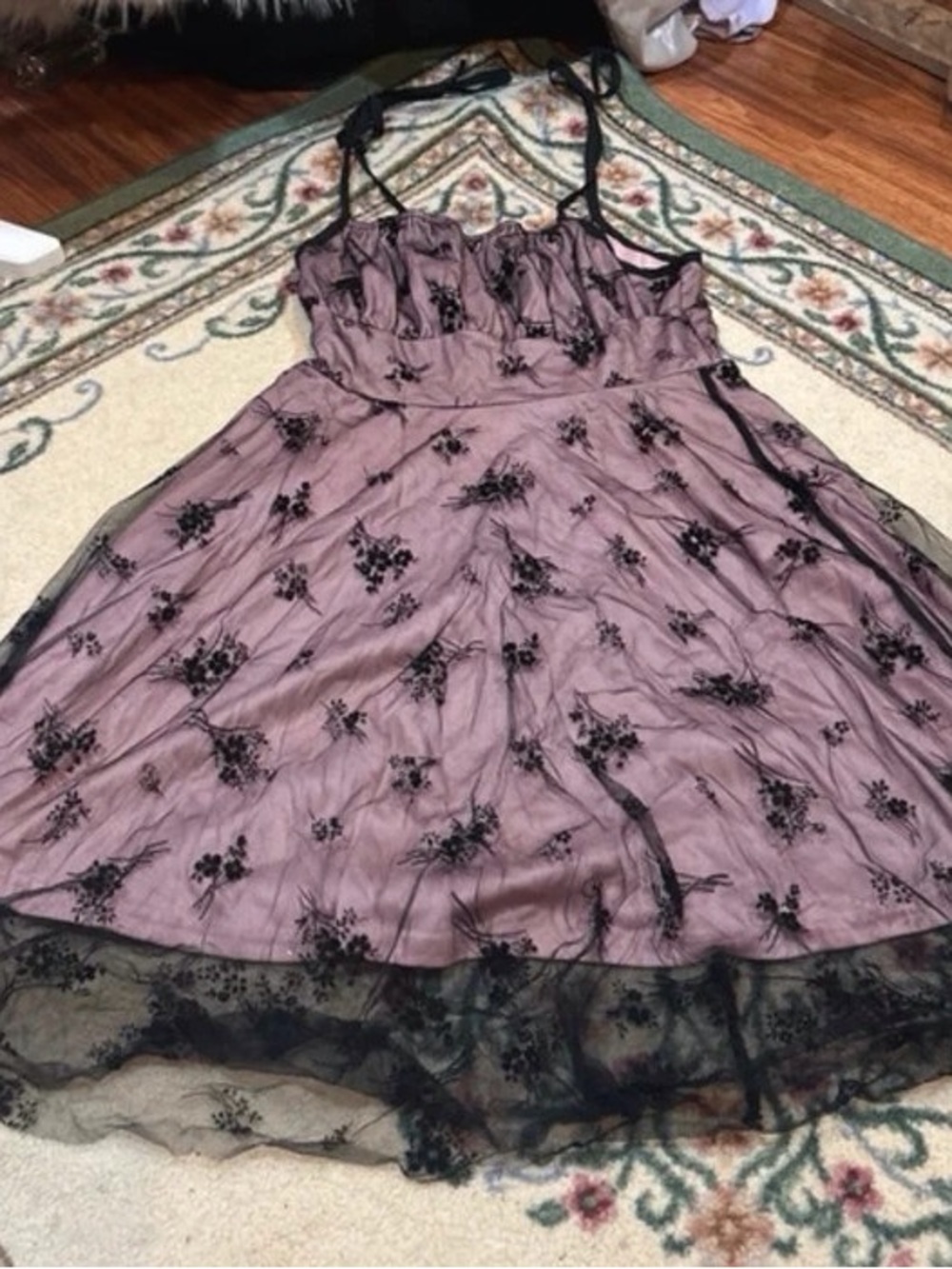Mauve Midi Skirt with Black Lace Overlay